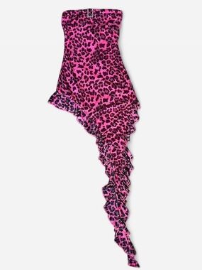 Pink Leopard Print Asymmetrical Ruffle Tube Top